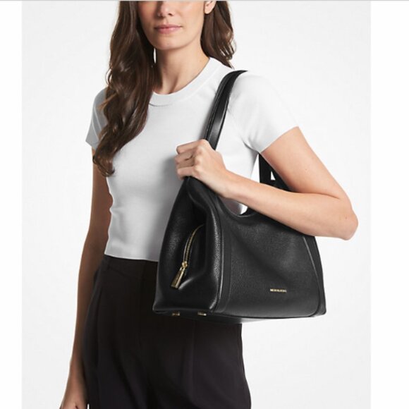 NWT Michael Kors Rosemary Large Pebbled Leather Shoulder Bag~Black - Picture 2 of 3